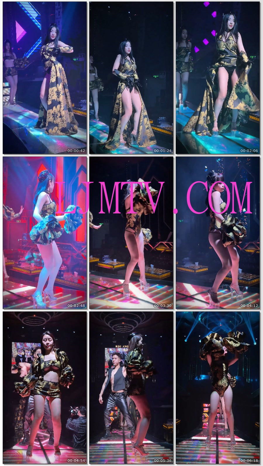 网红款脸型美女金色长裙露出黑色三角裤光腿水晶高跟鞋