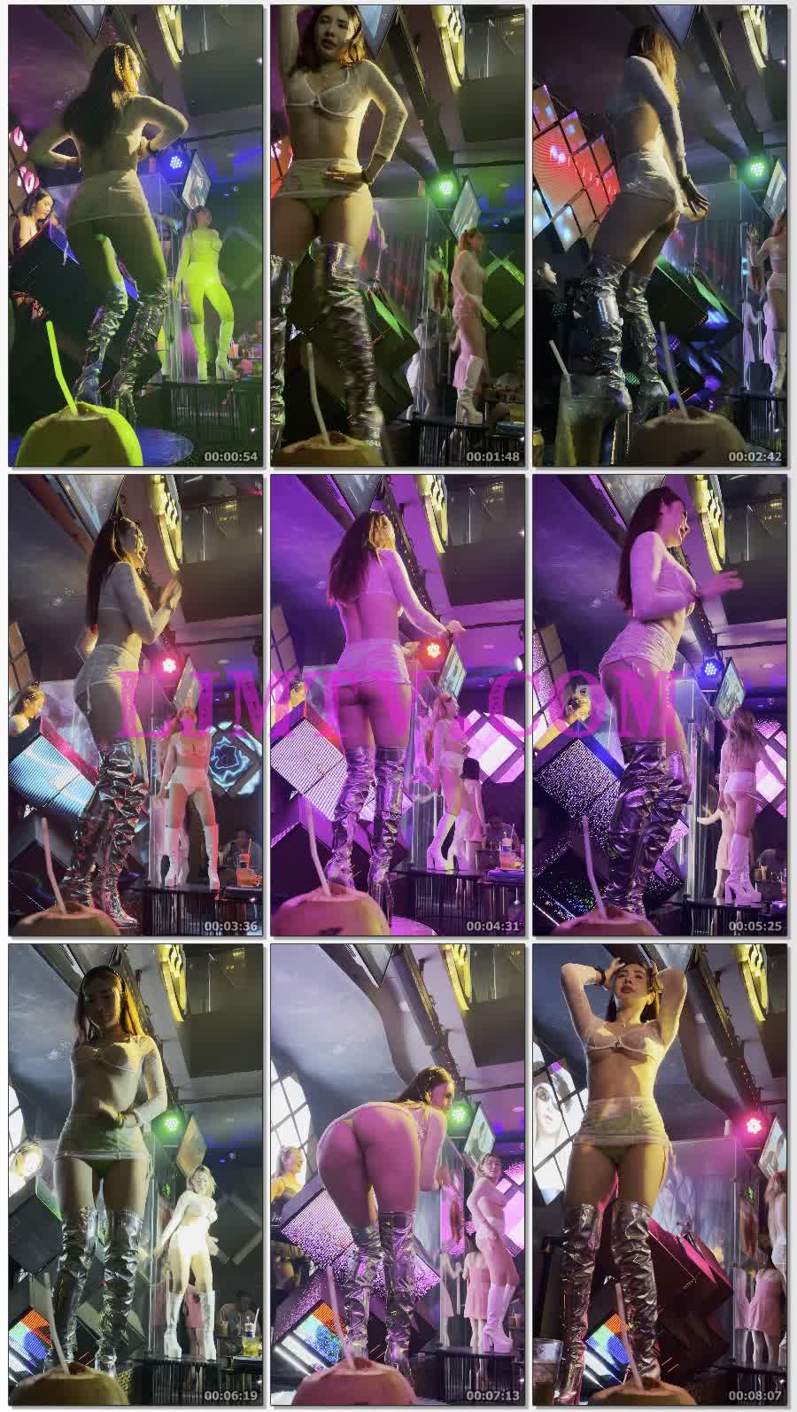 低角度拍摄白色蕾丝透视上衣超短齐逼短裙绿色内裤过膝长筒银色皮靴-4K视频