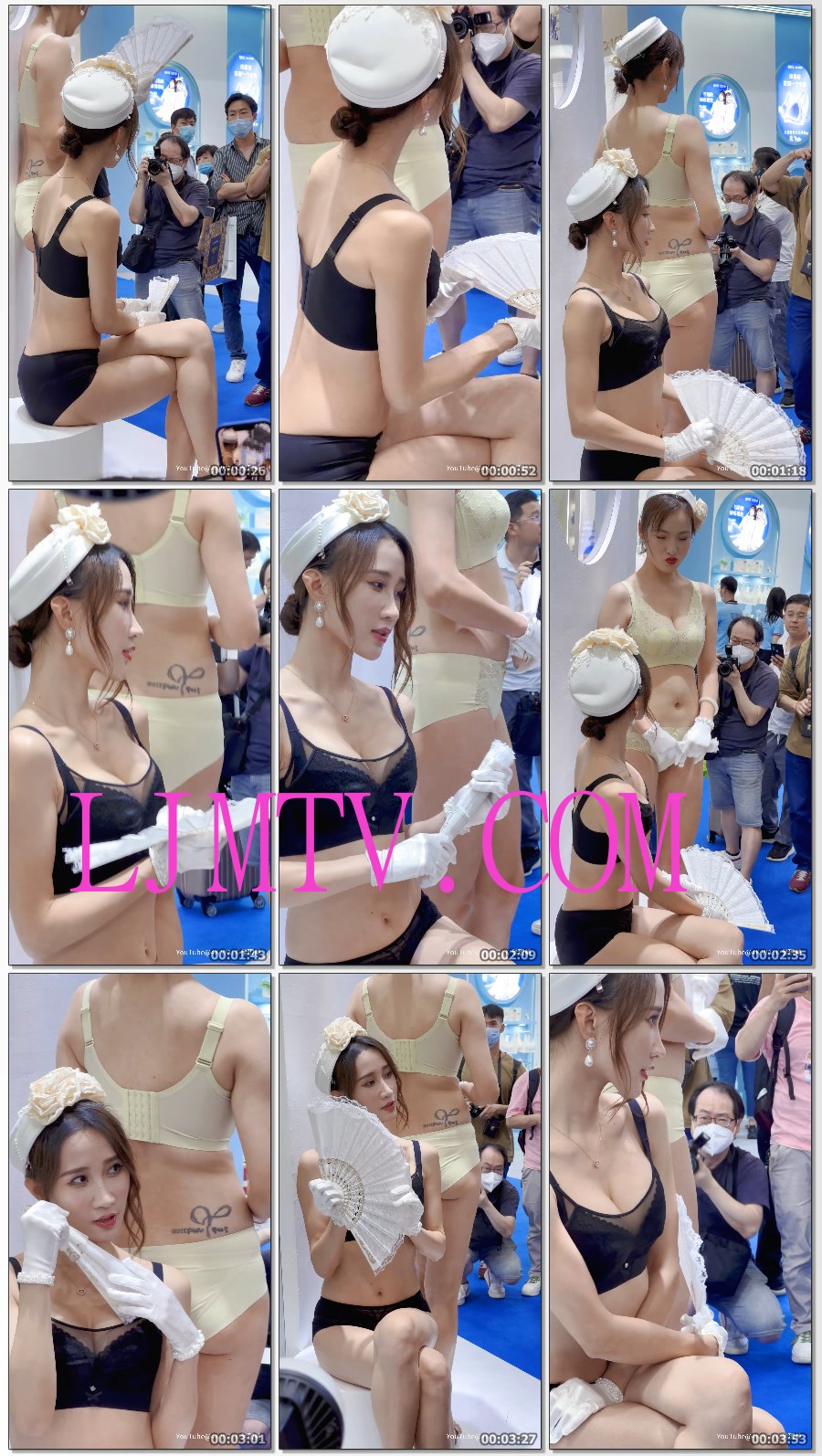 深圳内衣展歌彩妮黑丝蕾丝内衣美女手拿折扇与淡黄色蕾丝内衣美女-第2集