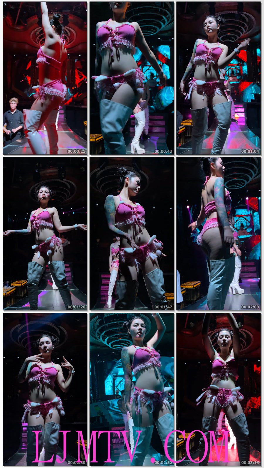 手臂纹身的双丸子头粉色吊带衫粉色短裤乳白过膝皮靴女孩