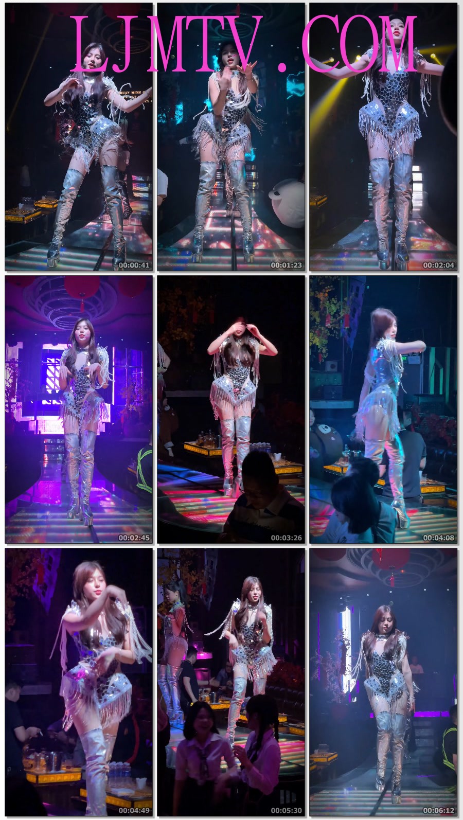 银色贴片反光的夜店演出服的可爱女孩过膝银色皮靴骚舞