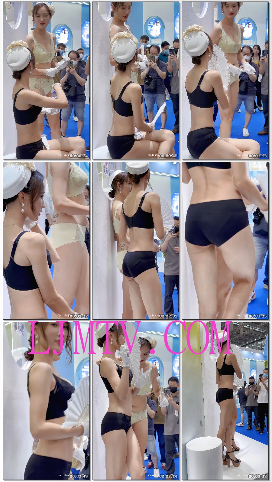 深圳内衣展歌彩妮黑丝蕾丝内衣美女手拿折扇与淡黄色蕾丝内衣美女-第4集