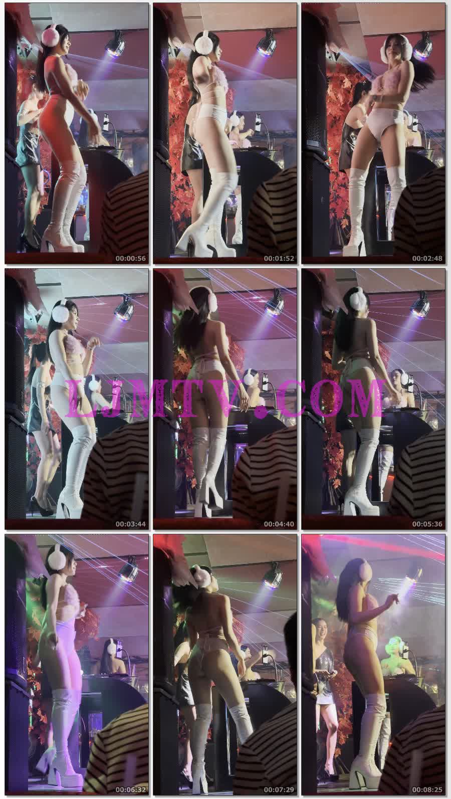 毛绒耳机粉色绑带毛绒奶罩白色高腰裤过膝乳胶白靴少妇-4K视频
