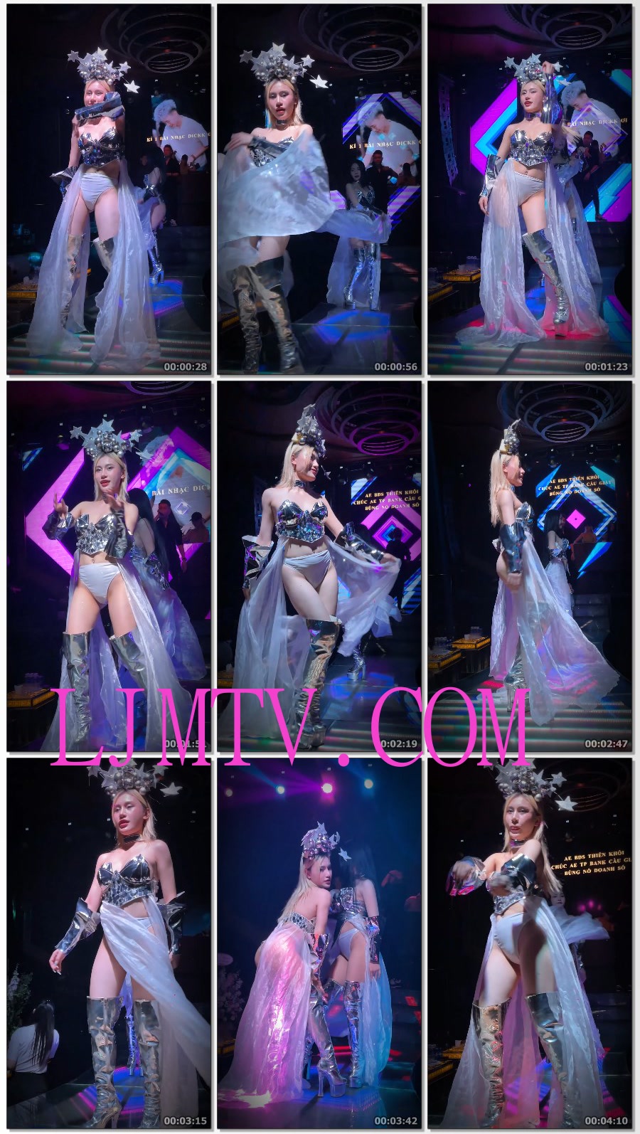 黄毛小妹银色铠甲裹胸白色三角裤光腿银色皮靴