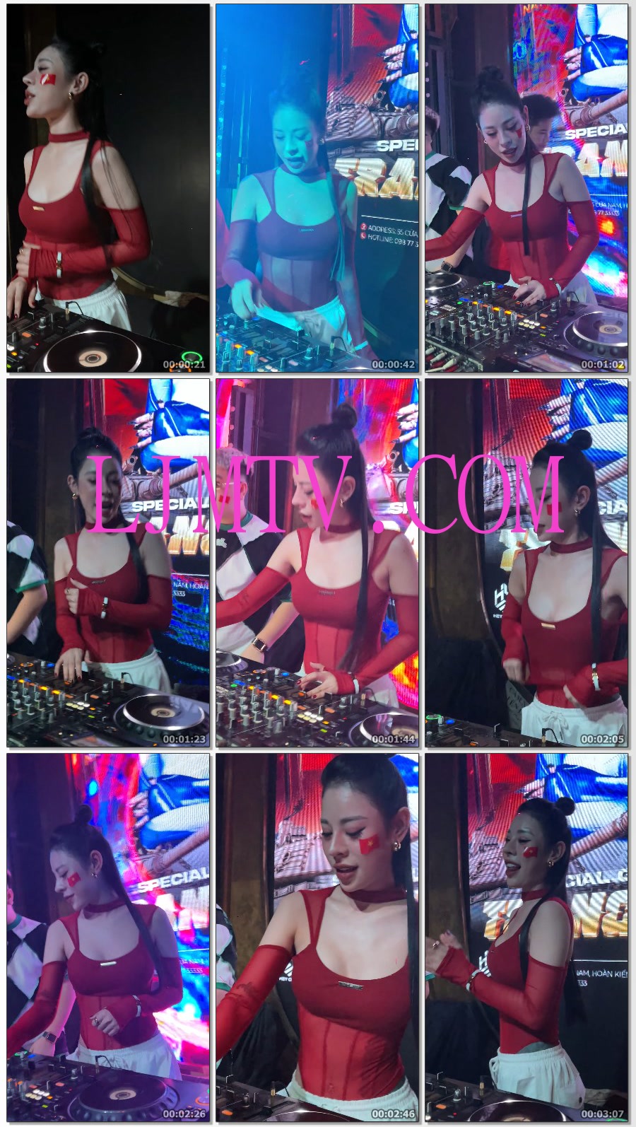 红色裹胸的丸子头好身材漂亮美女dj