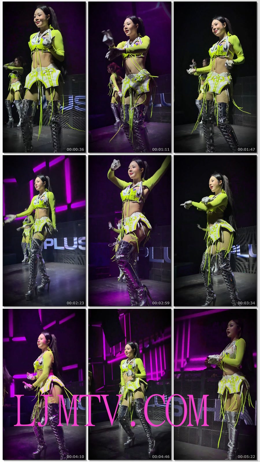 绑带银色过膝靴子的绑带荧光领舞服的舞女