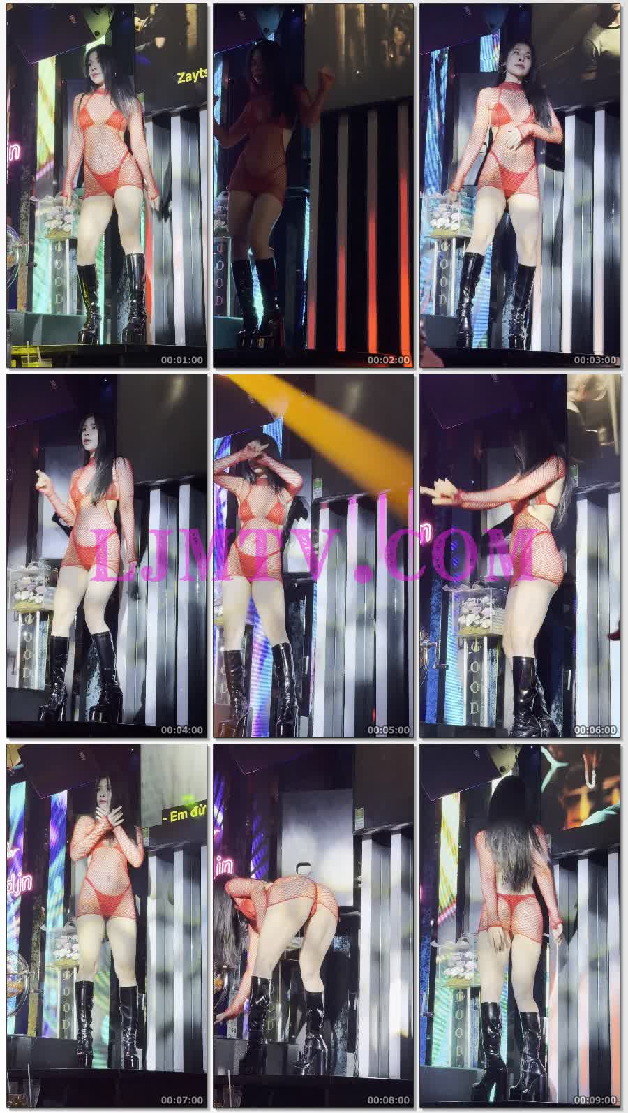 整容脸丰唇卷发美女大红色网衣丁字裤黑皮靴热舞-4K视频
