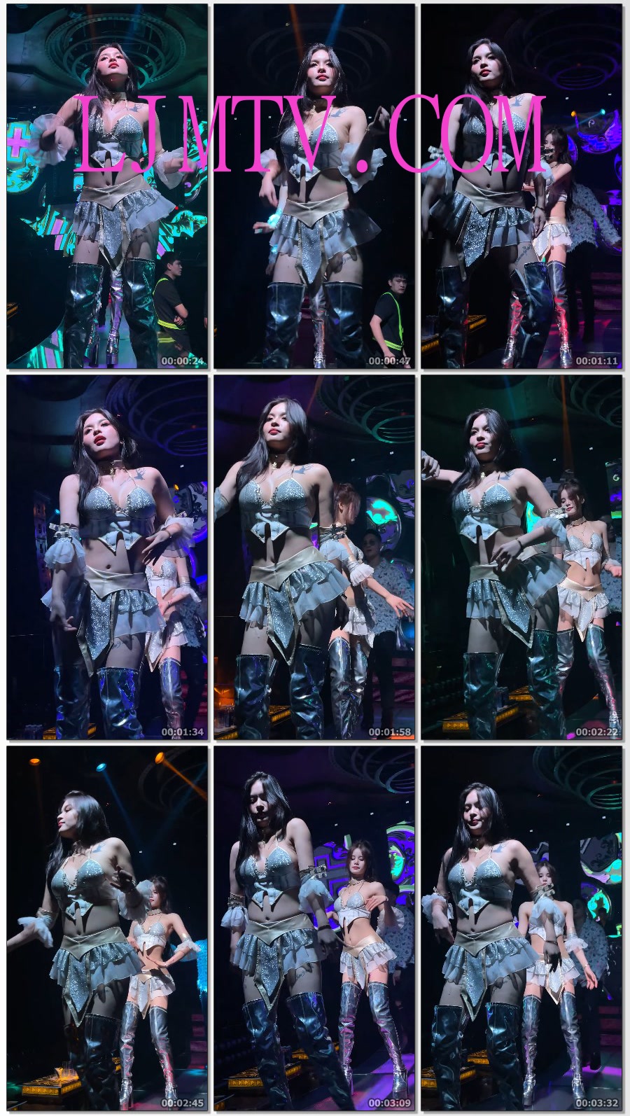 近距离拍摄身材火辣风情美女碎钻吊带裹胸超短裙过膝银皮靴热舞