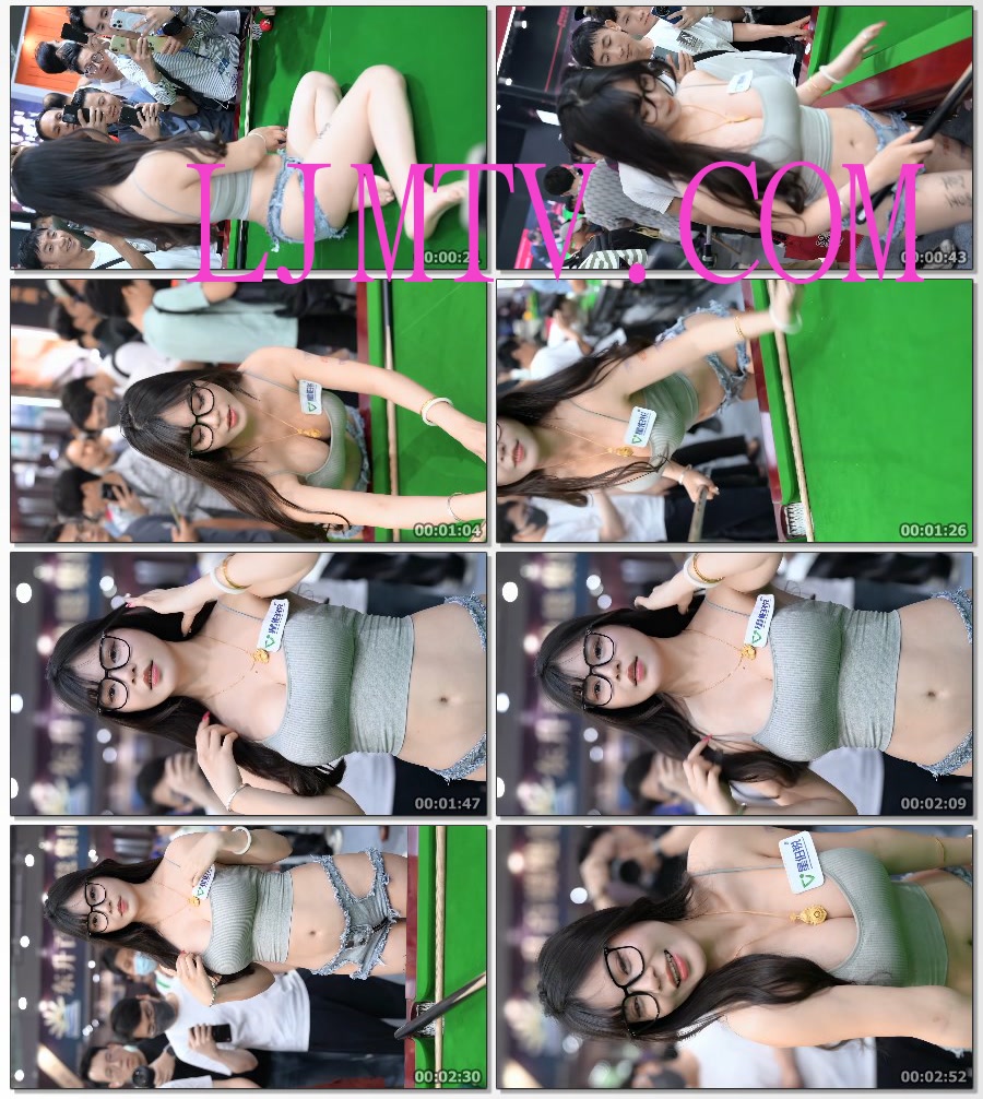 2025广州台球展美女模特意意黑框眼镜白嫩身材吊带衫破洞情趣牛仔热裤