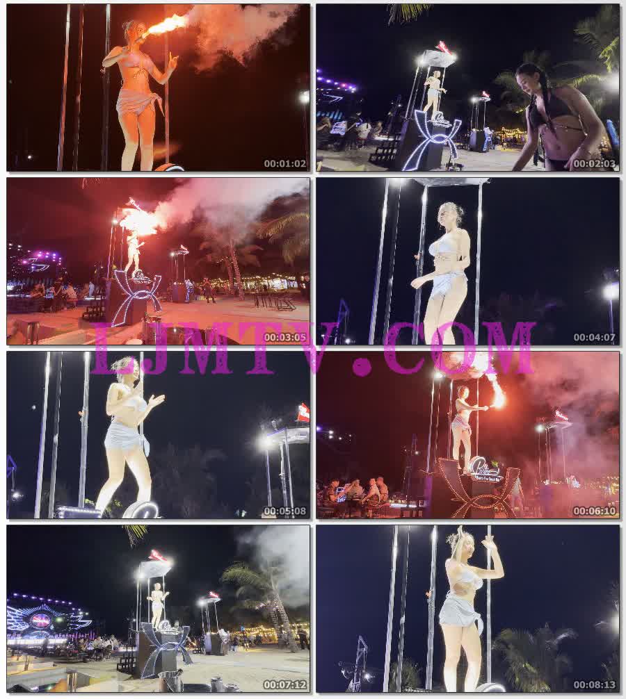沙滩小舞台上白色比基尼的靓丽美女热舞-4K视频