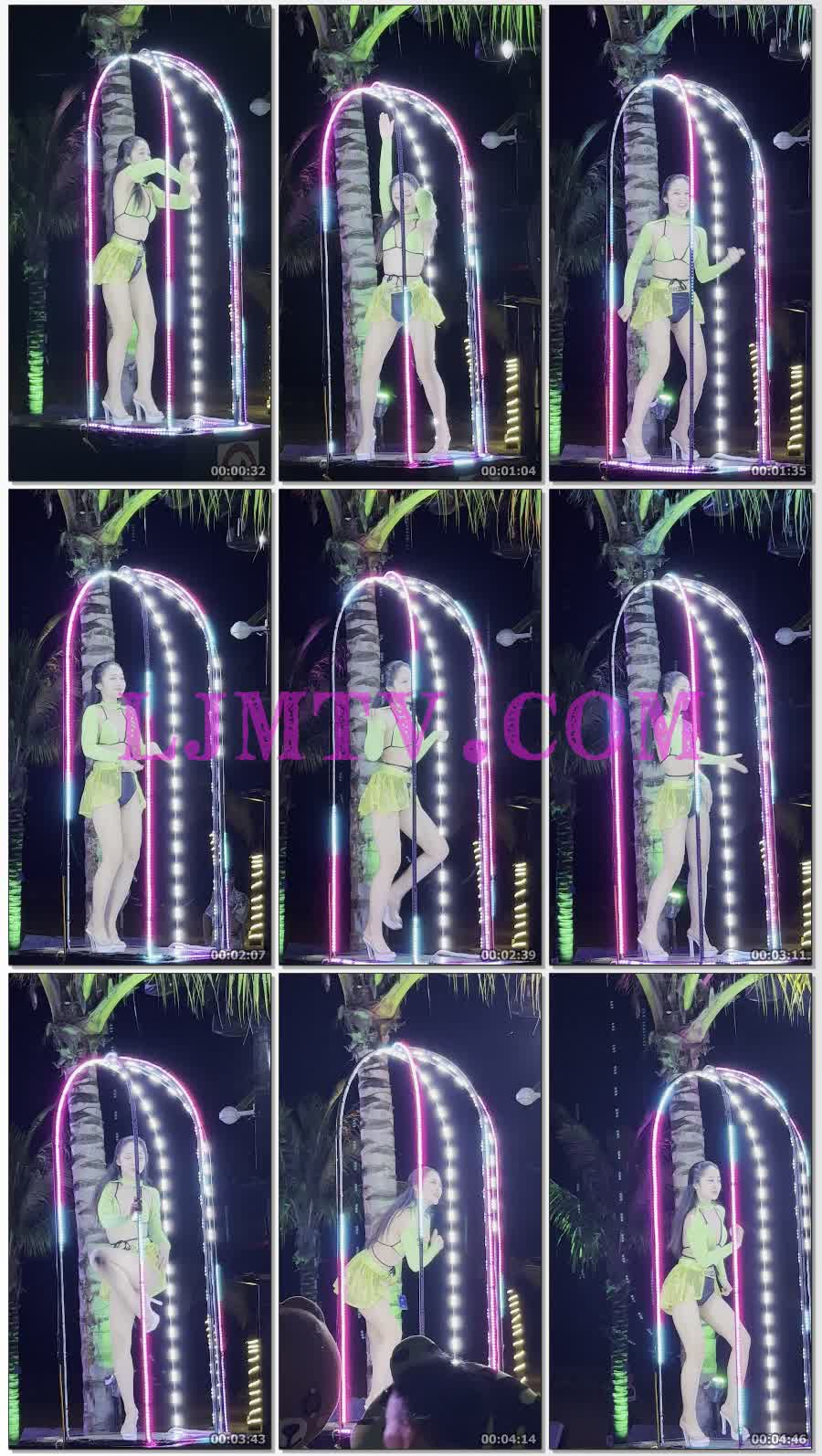 霓虹彩带里绿色吊带比基尼绿纱透视短裙的美腿水晶高跟鞋舞女-4K视频