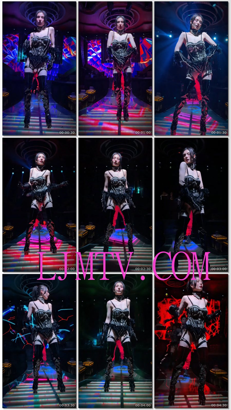 黑色蕾丝手套的吊带裹胸三角裤过膝黑色皮靴骚舞美女
