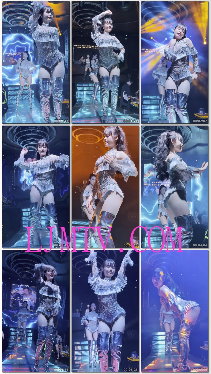 马尾卷发小妹全身银色吊穗演出服银色长筒靴火舞