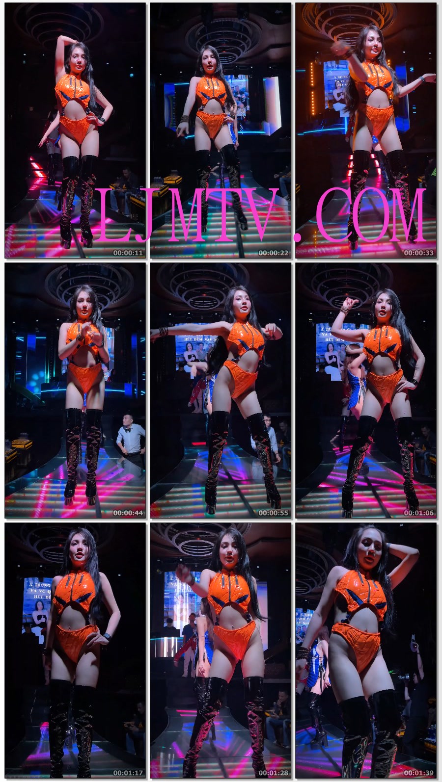 长卷发的橙色高叉连体演出服过膝黑色乳胶皮靴热舞领舞女孩