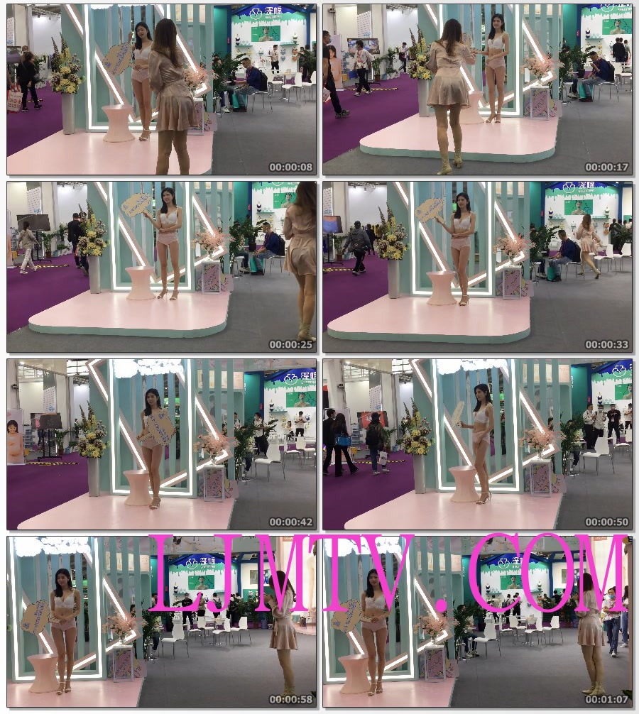 深圳SIUF内衣展白色蕾丝内衣粉红蕾丝内裤的凉高跟美女