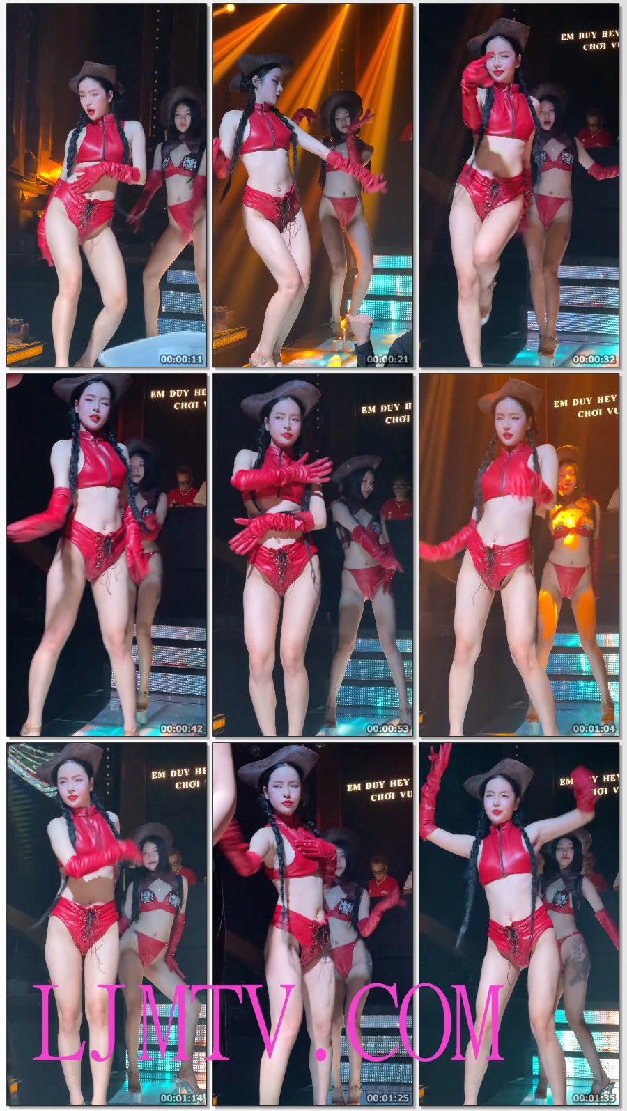 红色漆皮裹胸和绑带三角裤的光腿火辣舞女