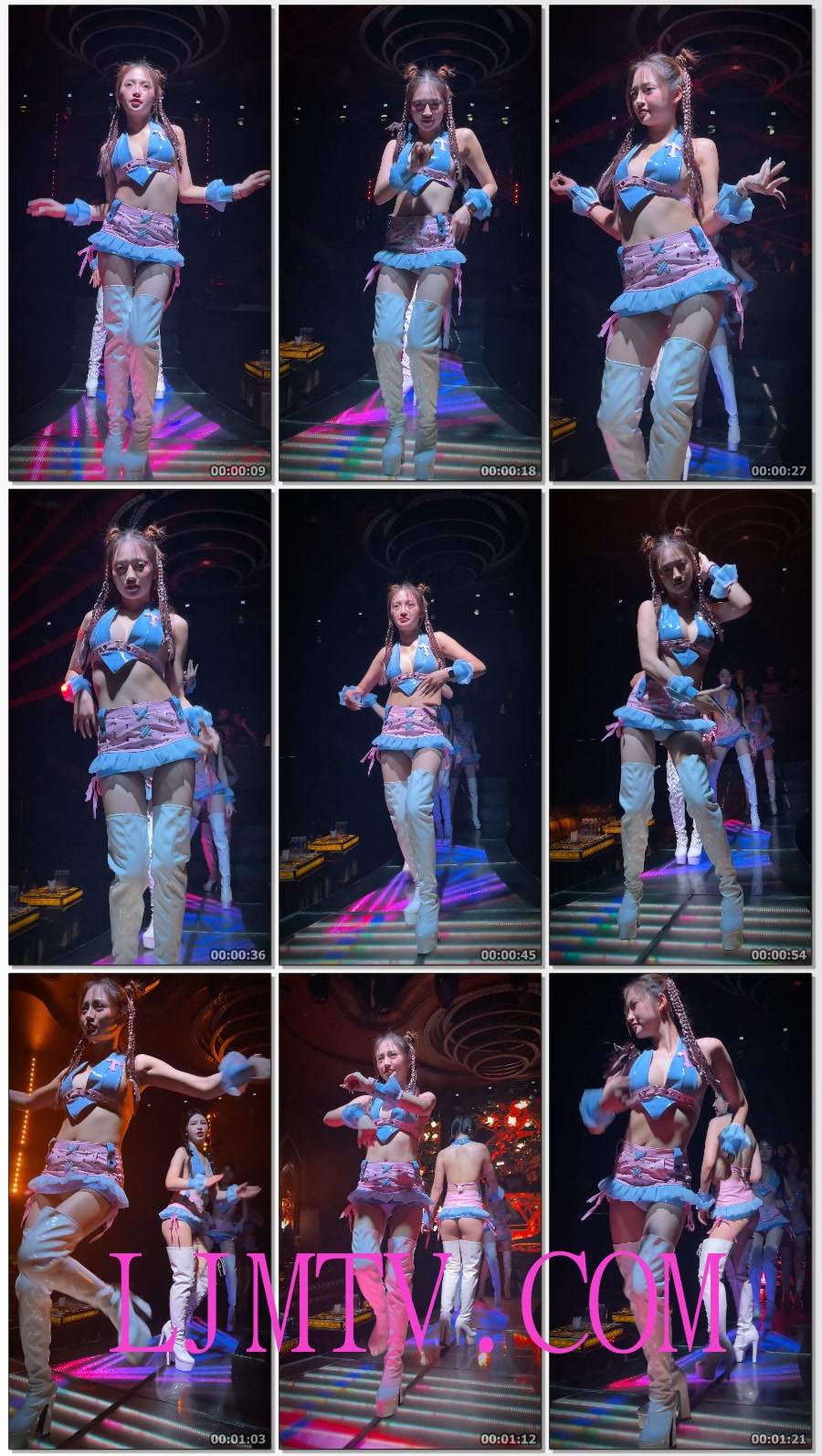 多个麻花辫的气质黄毛小妹湖蓝漆皮裹胸露内超短裙过膝乳白皮靴骚舞