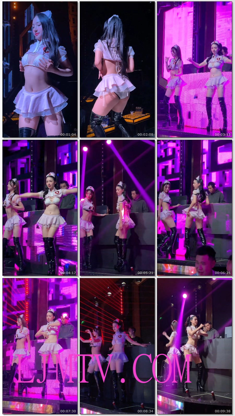 甜美长发女孩护士制服白色漆皮比基尼花边小裙子细腿黑色漆皮靴
