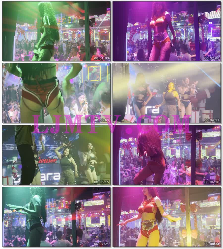 酒吧街的蓝色比基尼套装领舞服过膝黑靴热舞气氛组-4K视频