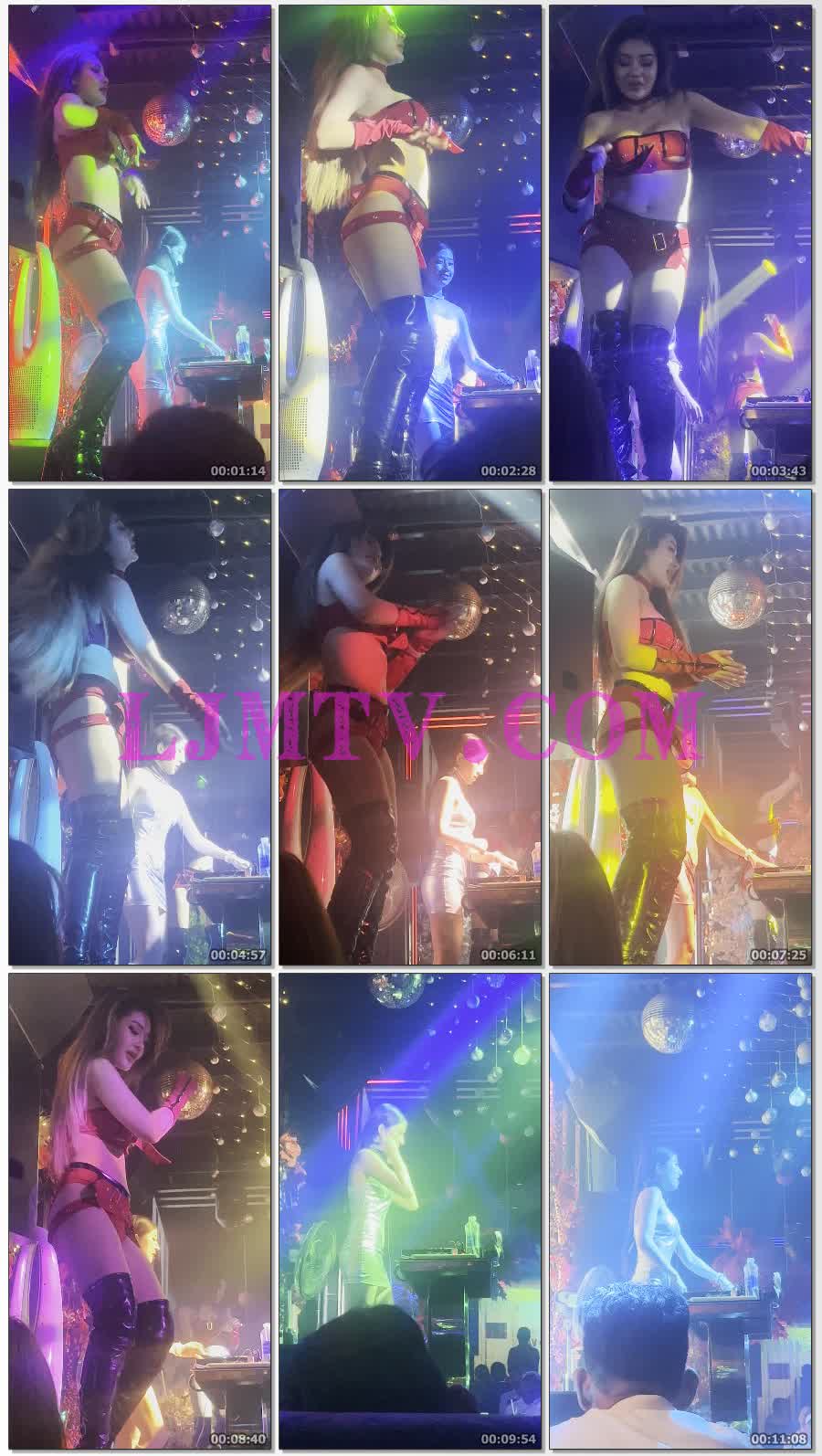 丰唇黄发辣妹红色裹胸过膝黑色皮靴领舞-4K视频