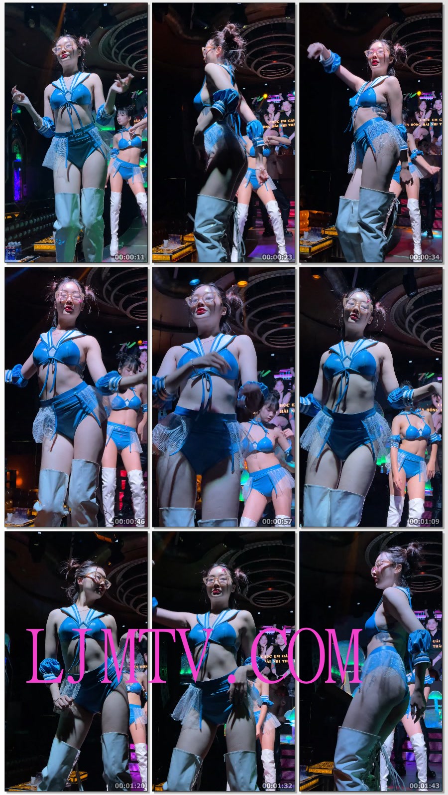 戴着眼镜的丸子头小妹蓝色漆皮裹胸三角裤美腿过膝乳白皮靴