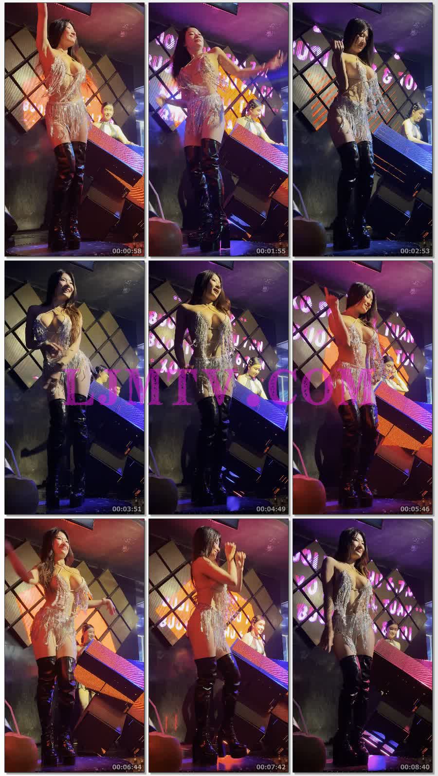 夜店吊穗演出服的超长过膝漆皮靴艳舞女孩-4K视频