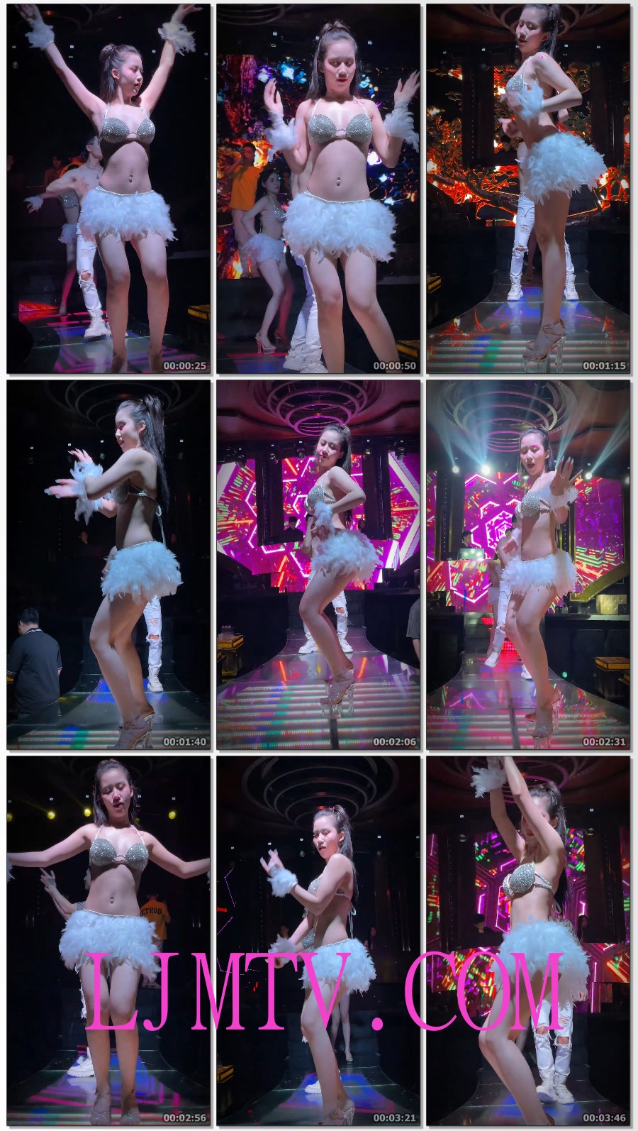 白嫩皮肤的气质马尾辫大长腿美女满钻奶罩羽毛超短裙水晶高跟鞋