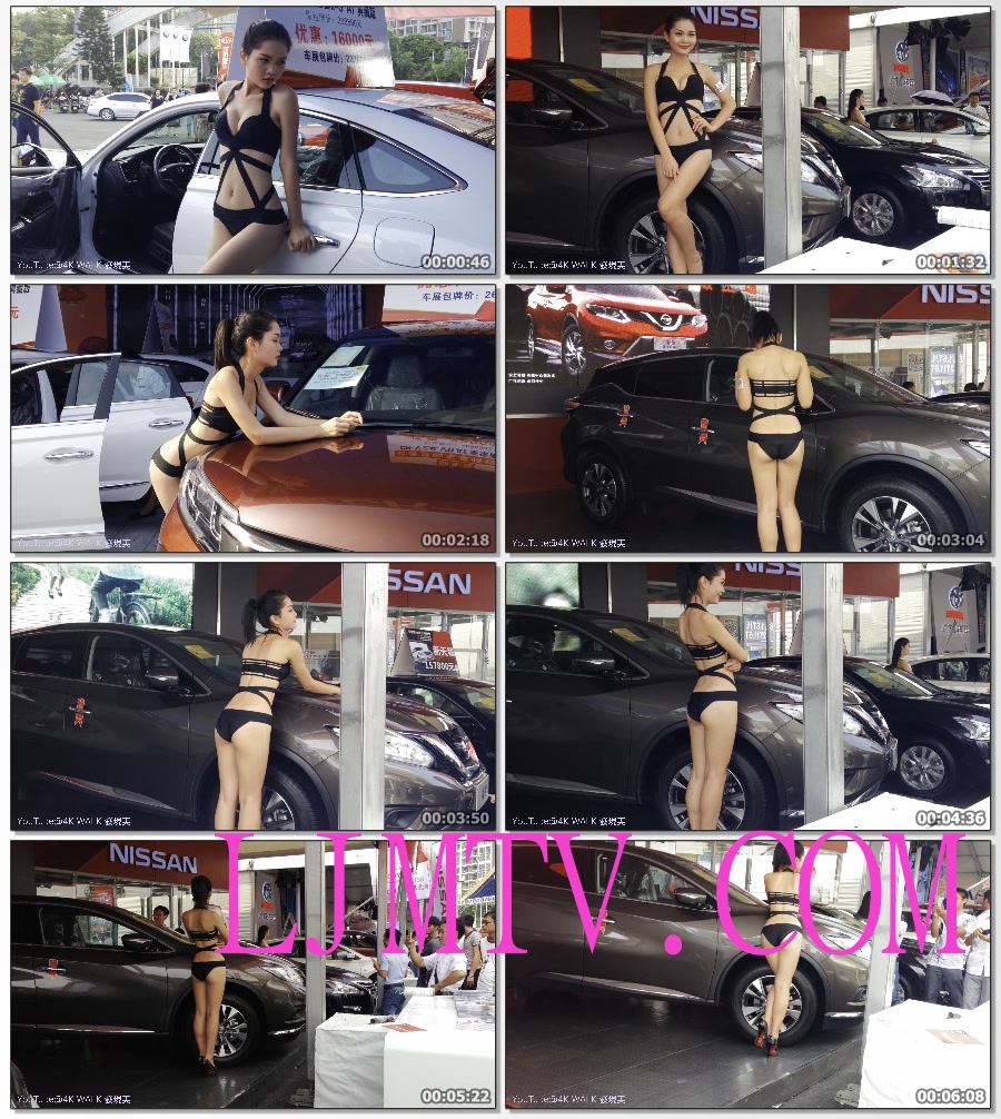 车展夏日女王黑色绑带比基尼好身材的束发马尾辫美女模特