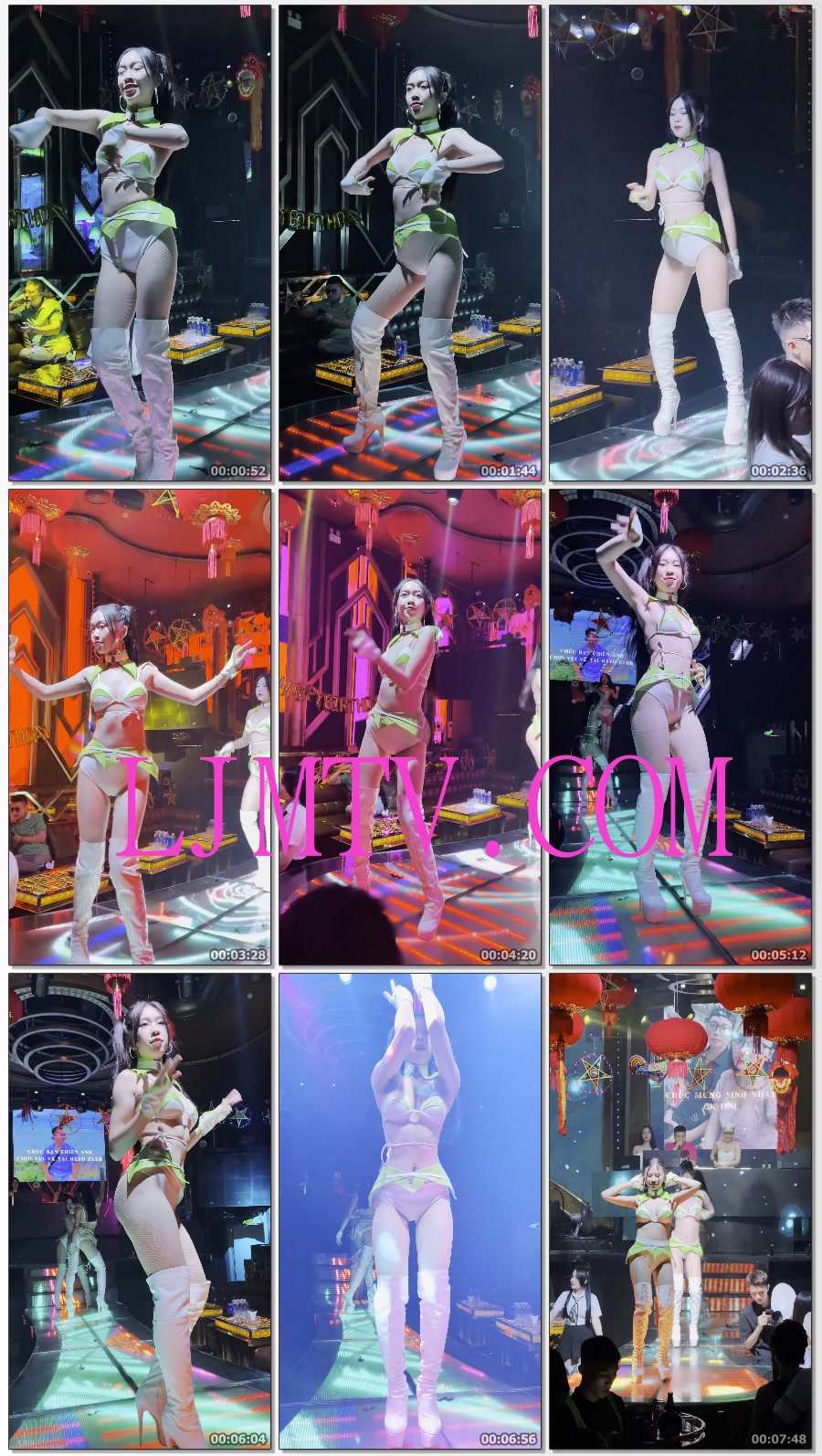 马尾辫绿白色绑带文胸白色高腰裤的过膝白靴跳舞女孩