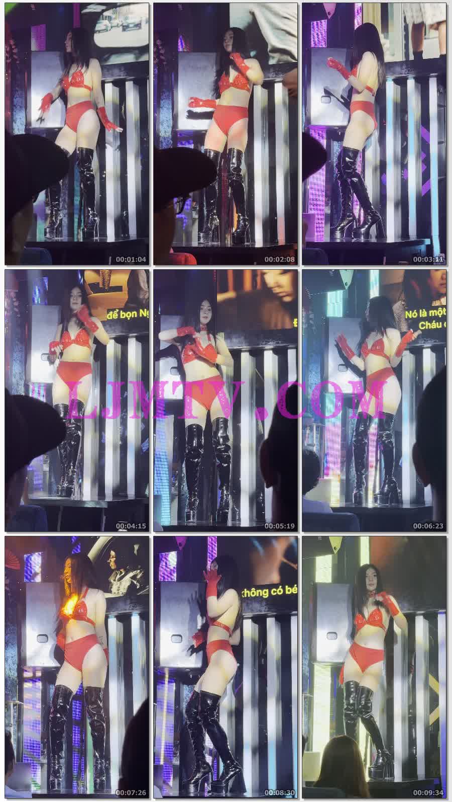 性感红色比基尼白色渔网袜黑色过膝超长皮靴的长发美女-4K视频