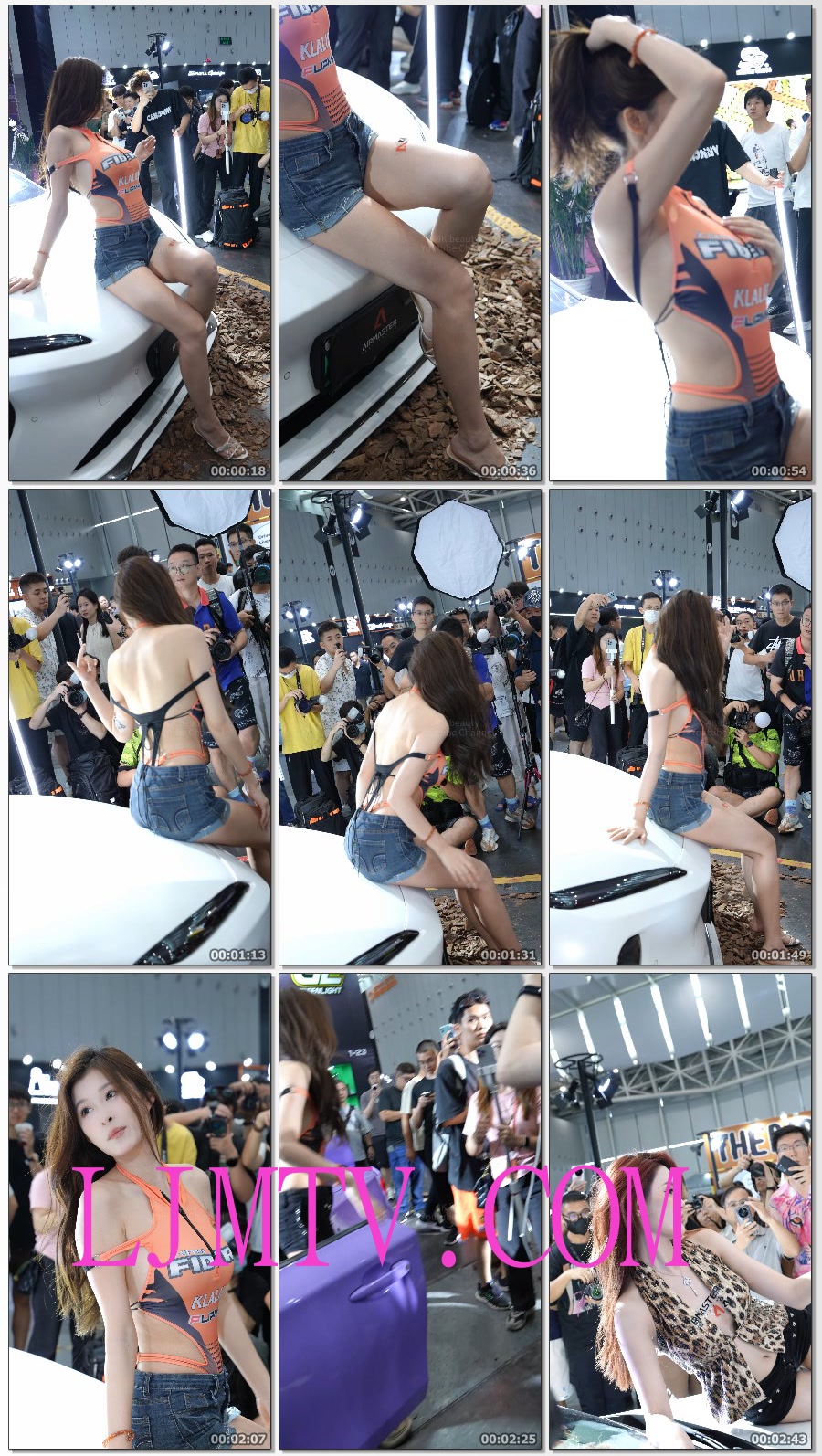 2024佛山改装车展模特菲大飞赛车女郎装牛仔热裤光腿高跟鞋