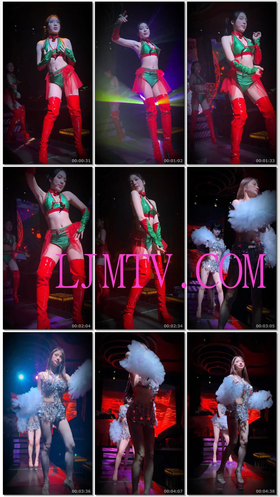 绿色金属光泽裹胸高腰裤的红色过膝皮靴好身材美女