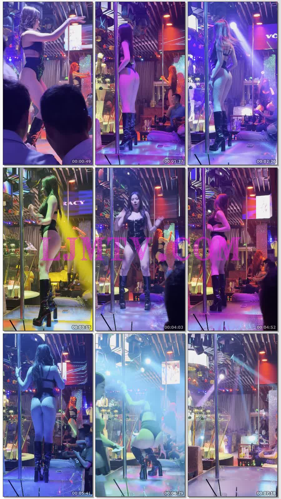 一身黑色高叉皮革裹胸装网袜黑皮靴热舞女郎-4K视频