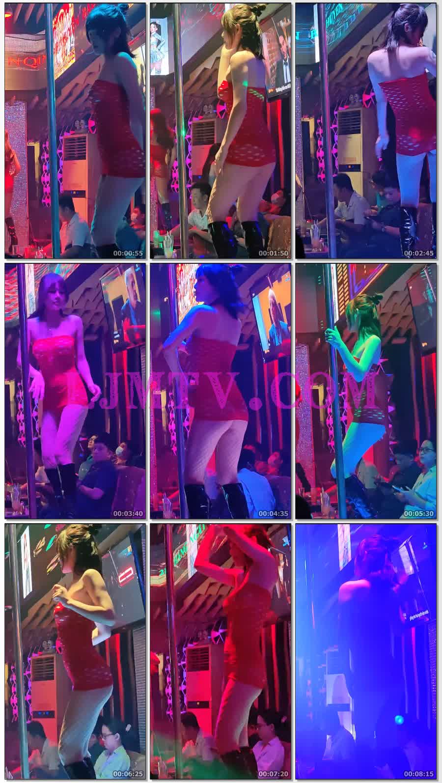丸子头红色镂空大网眼紧身包臀裙的网袜黑靴辣舞女孩-1080P视频
