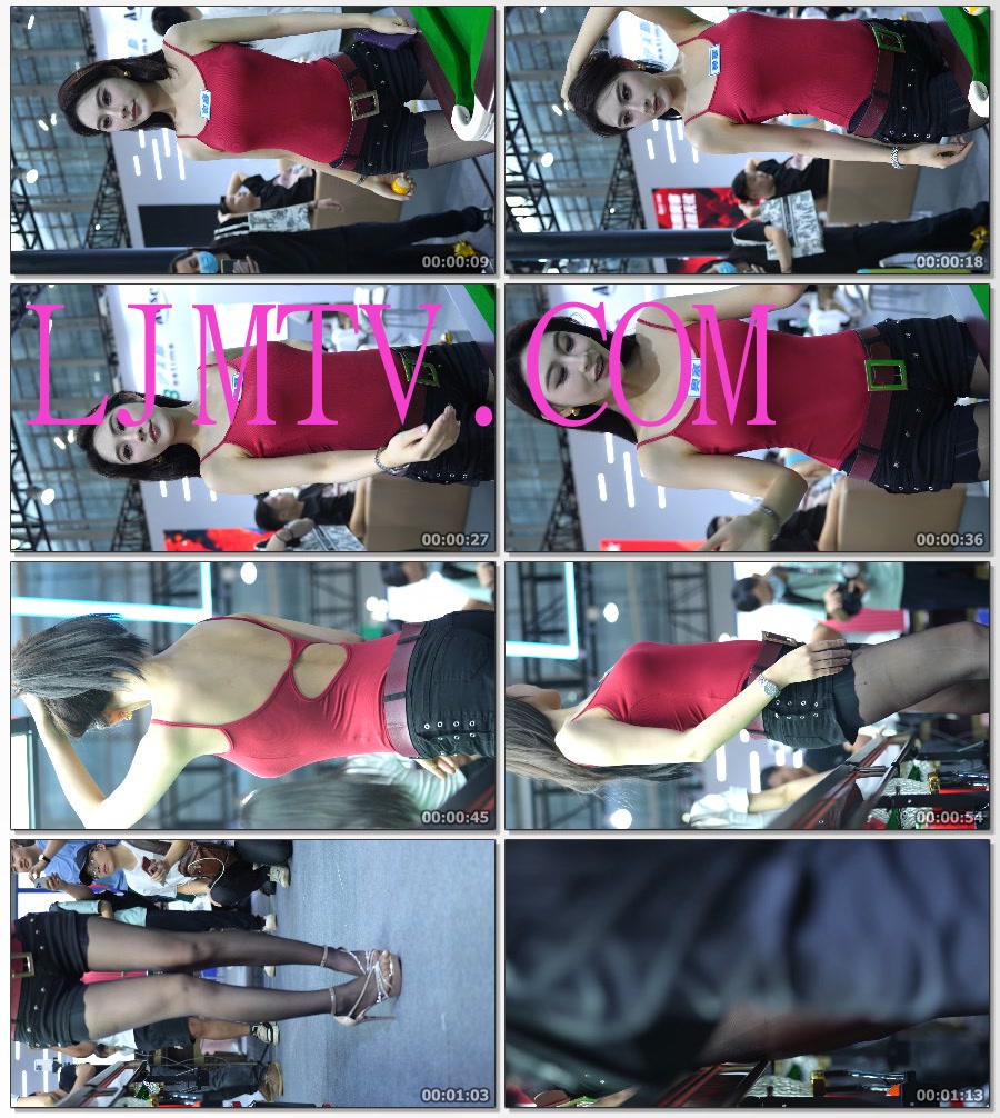 2025广州台球展美女模特红色吊带衫短裤黑丝袜