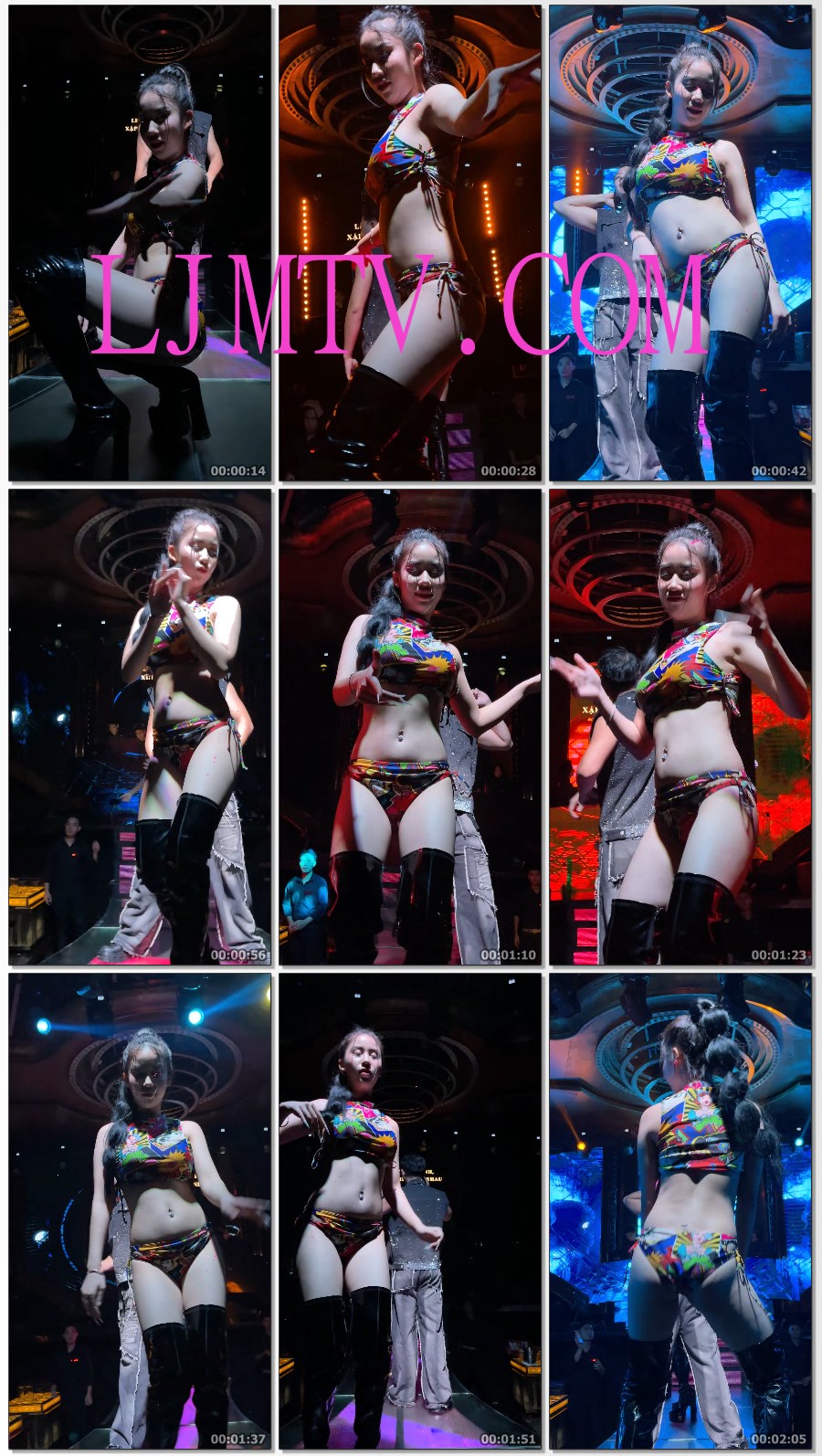 黑色过膝皮靴的马尾辫碎花裹胸绑带三角裤好身材美女