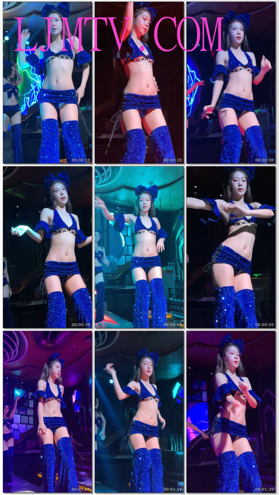 白嫩皮肤的深蓝闪钻超短裙露出内裤裹胸跳艳舞美女