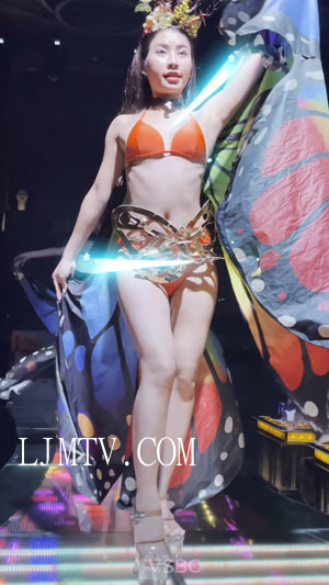 橙色吊带文胸跟个蝴蝶一样的修长美腿水晶高跟鞋小妹