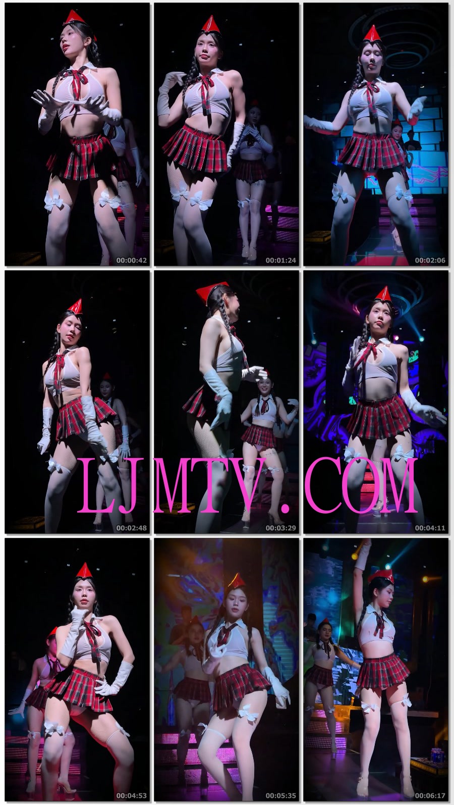 白色裹胸红黑百褶裙露白内渔网袜外穿白丝袜的领舞美女